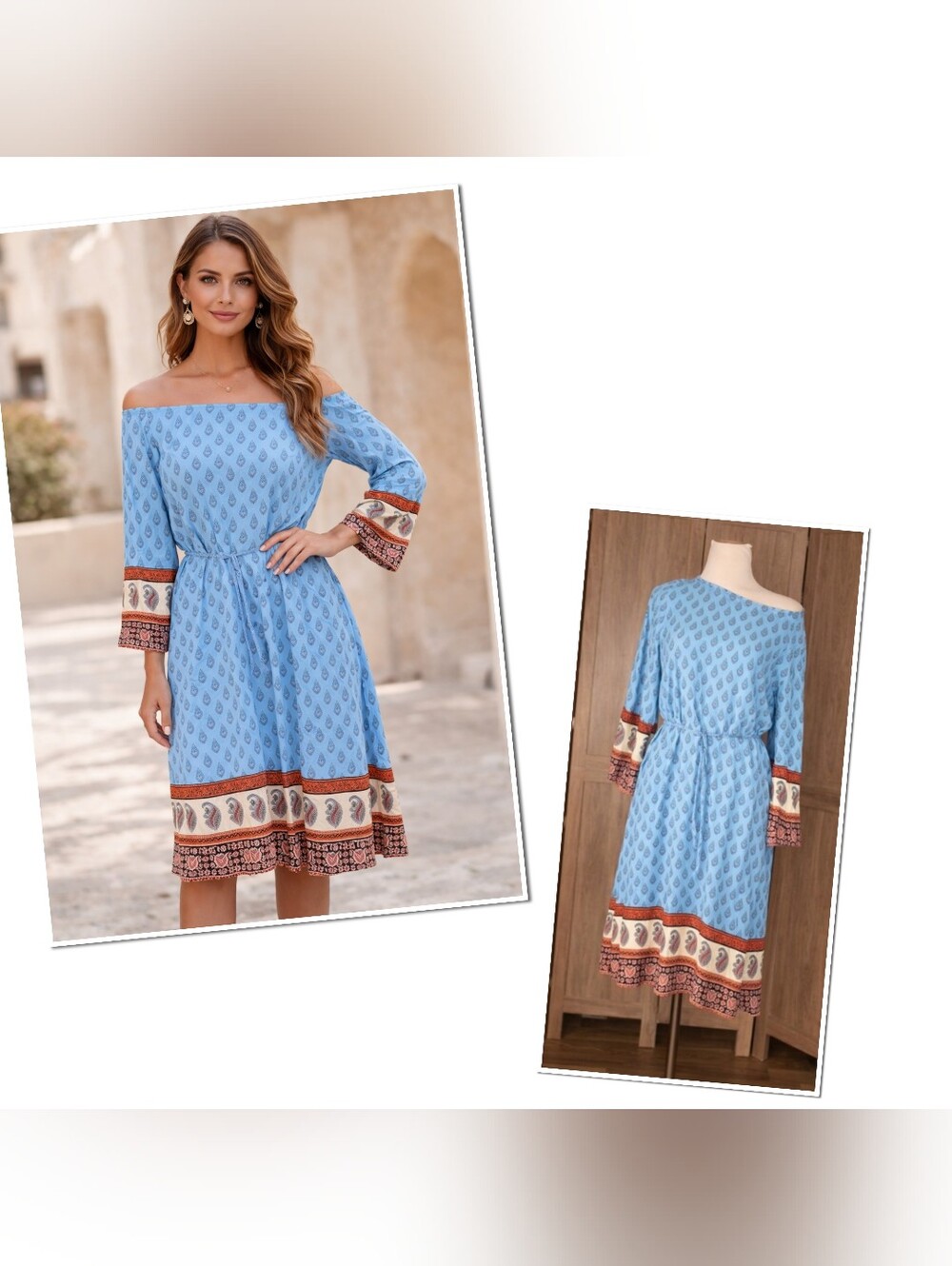 Light Blue beach Paisley Border Print Off-Shoulder Dress Medium